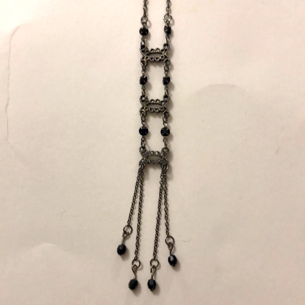 Choker Necklace black crystal silver metal filigree adjustable chain Excellent